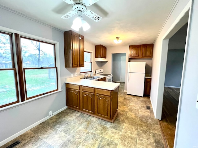 kitchen featuring white appliances, sink, ceiling fan, ornamental molding, and kitchen peninsula