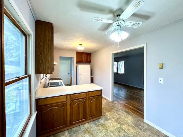 kitchen with sink, ceiling fan, light wood-type flooring, white fridge, and kitchen peninsula