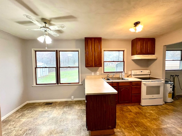 kitchen featuring white range with electric cooktop, ceiling fan, and sink