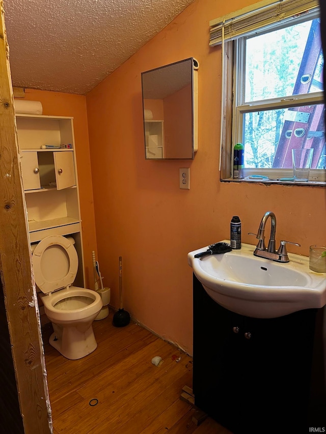 bathroom with hardwood / wood-style floors, vanity, toilet, and a textured ceiling