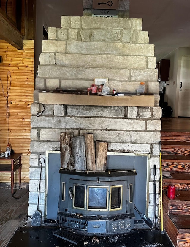 room details featuring a wood stove and wooden walls