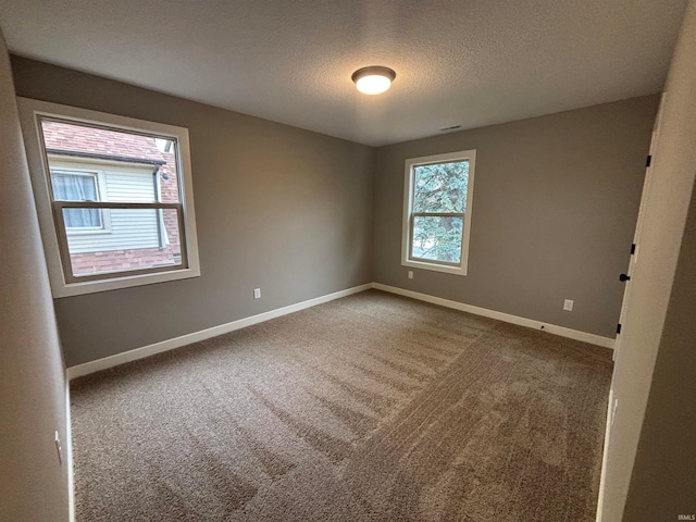 empty room with carpet and a textured ceiling