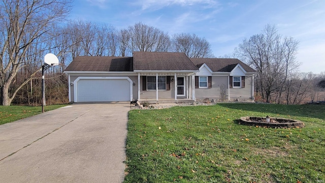 ranch-style home with a front lawn and a garage