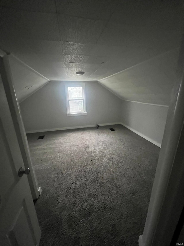 additional living space featuring dark carpet and lofted ceiling