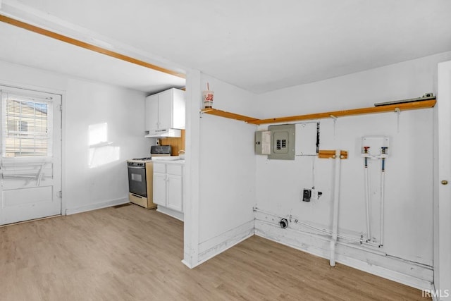 clothes washing area with electric panel and light hardwood / wood-style floors