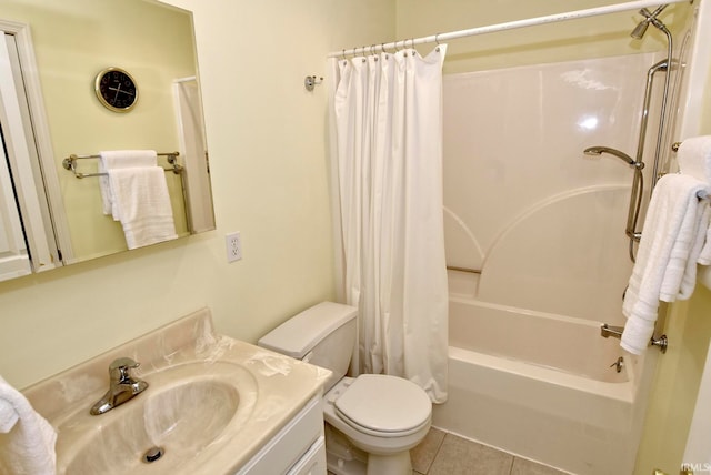 full bathroom with tile patterned flooring, shower / bath combination with curtain, toilet, and vanity