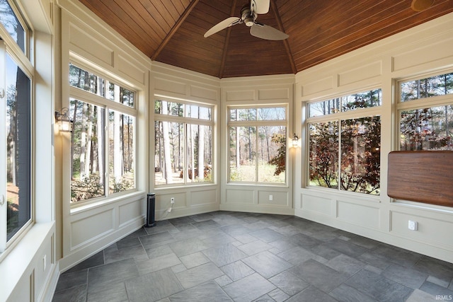 unfurnished sunroom featuring lofted ceiling, ceiling fan, and wooden ceiling