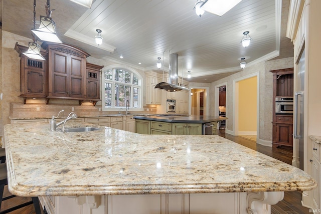 kitchen featuring a spacious island, sink, hanging light fixtures, island range hood, and wood-type flooring