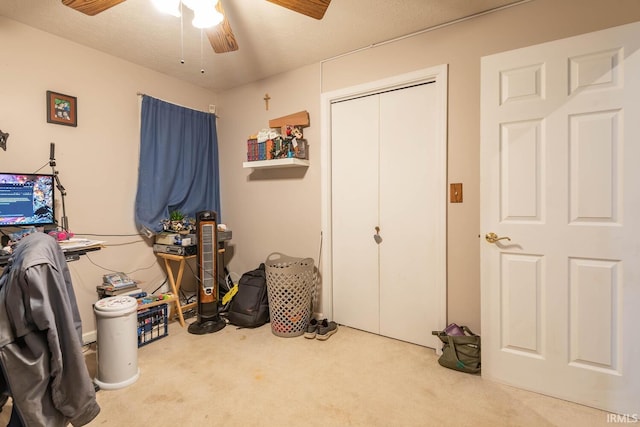 miscellaneous room with ceiling fan, carpet, and a textured ceiling