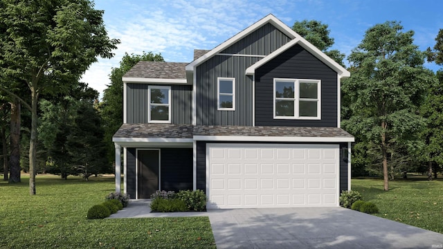 view of property featuring a front lawn and a garage