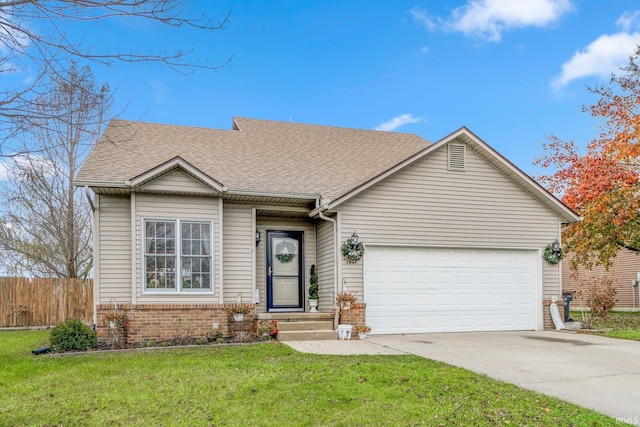 single story home featuring a front yard and a garage