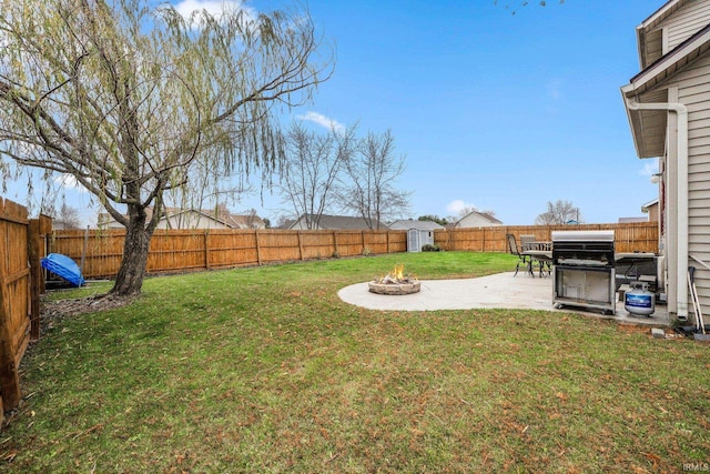 view of yard featuring a patio, a fire pit, and a storage unit