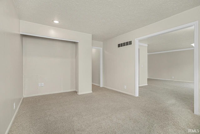 interior space featuring light carpet, a textured ceiling, and a closet