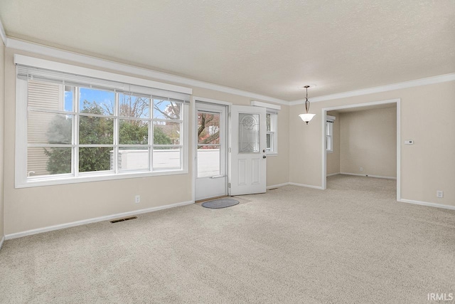 interior space featuring ornamental molding and a textured ceiling