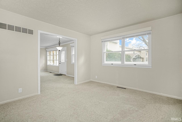 spare room featuring light colored carpet and a textured ceiling