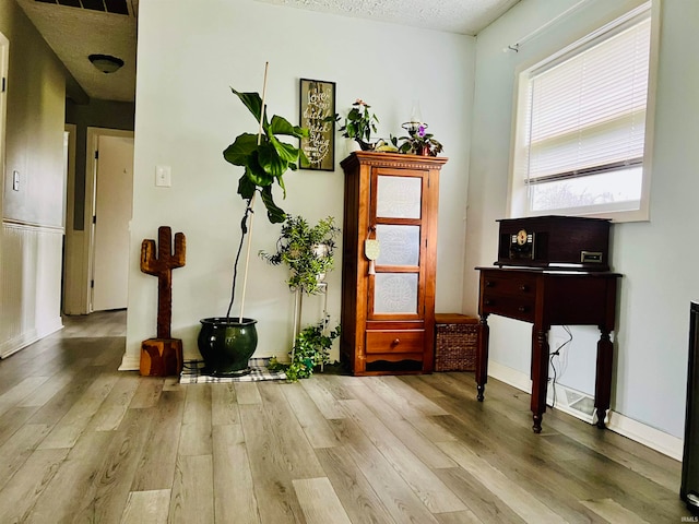 miscellaneous room with a textured ceiling and light hardwood / wood-style flooring