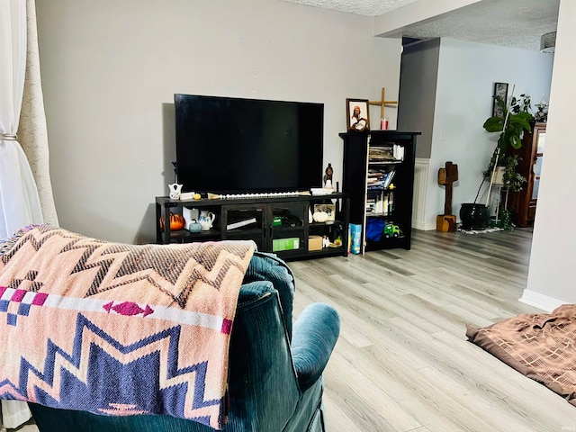 living room featuring wood-type flooring and a textured ceiling