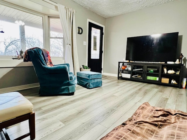 living room featuring light wood-type flooring and a textured ceiling