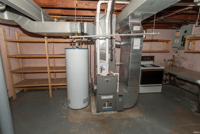 utility room featuring electric panel, water heater, and heating unit