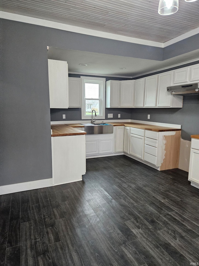 kitchen featuring sink, dark hardwood / wood-style flooring, white cabinets, exhaust hood, and ornamental molding