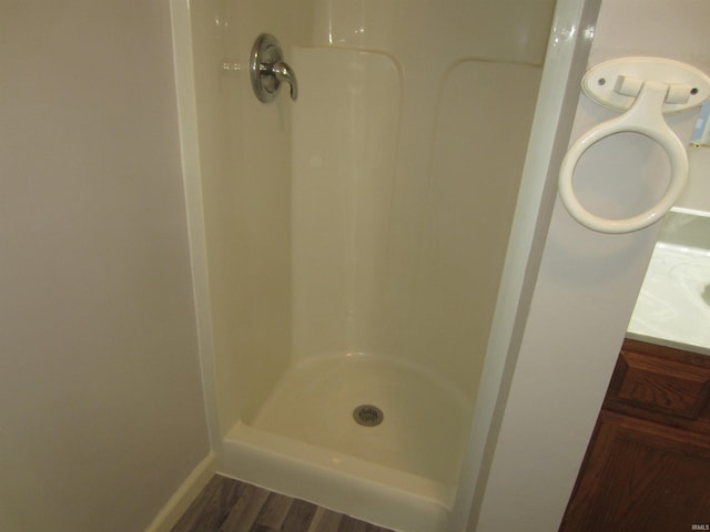 bathroom featuring vanity, hardwood / wood-style flooring, and walk in shower