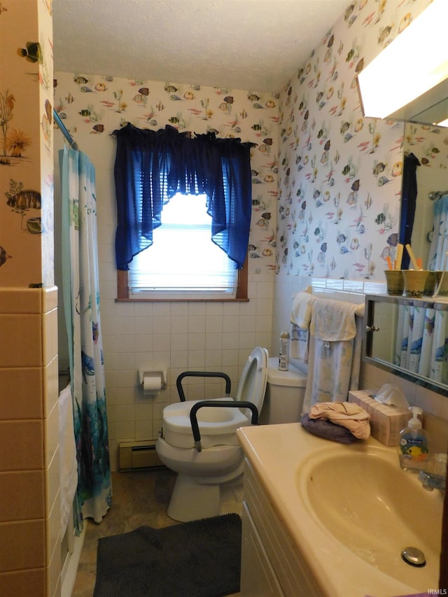 bathroom featuring a shower with curtain, baseboard heating, toilet, and wallpapered walls