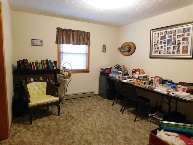 carpeted home office featuring a baseboard radiator and a textured ceiling