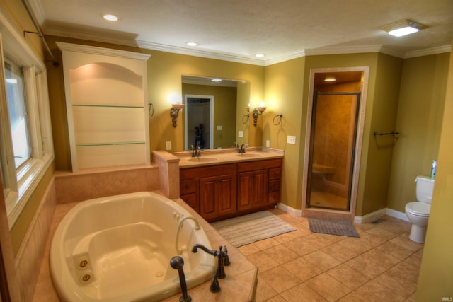 full bathroom with tile patterned floors, toilet, crown molding, and independent shower and bath