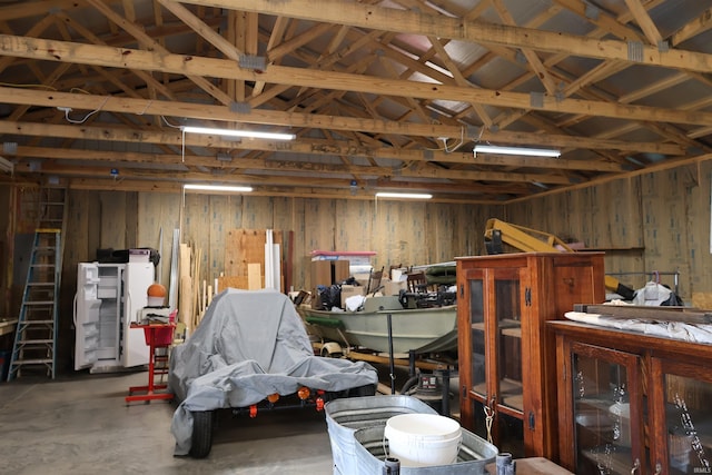 garage with wooden walls