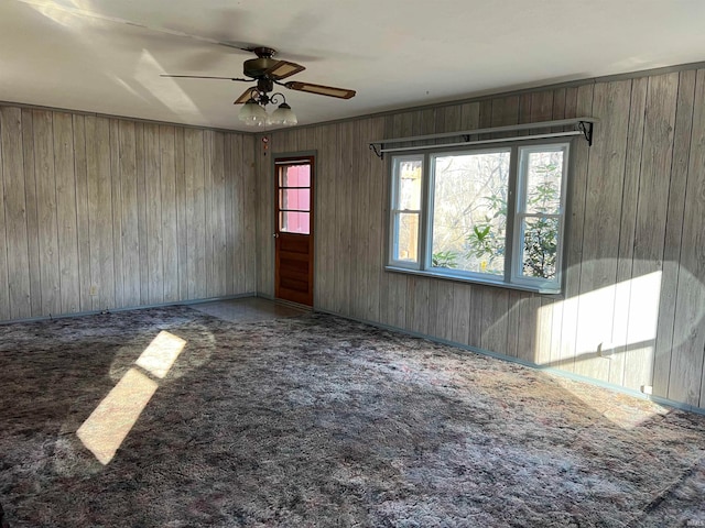 spare room featuring wood walls and carpet floors