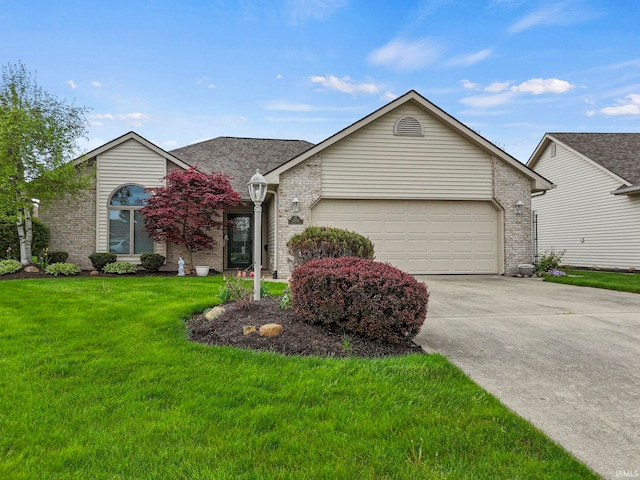 ranch-style home featuring a garage and a front yard