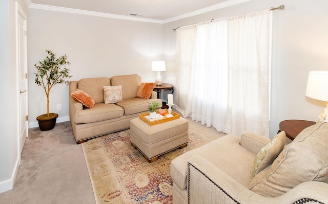 living room featuring light colored carpet and crown molding