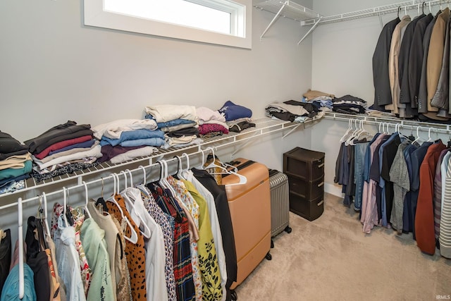 walk in closet featuring light carpet