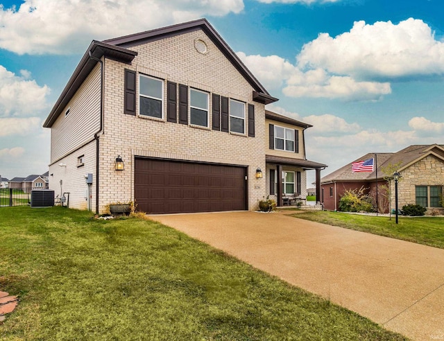 view of front facade with cooling unit, a front lawn, and a garage