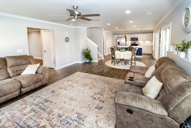 living room with dark hardwood / wood-style floors, ceiling fan, and crown molding