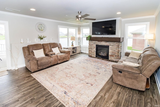 living room featuring dark hardwood / wood-style floors, a stone fireplace, ceiling fan, and crown molding