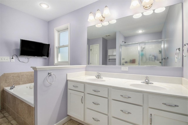 bathroom with vanity and plus walk in shower