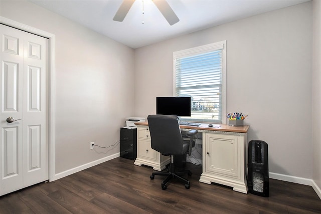 home office with dark hardwood / wood-style floors and ceiling fan