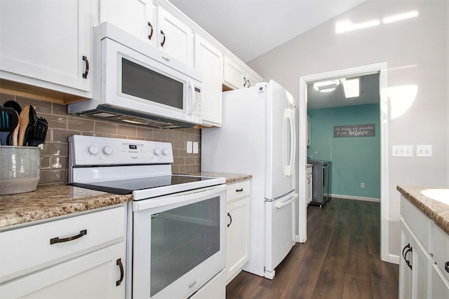 kitchen featuring dark hardwood / wood-style floors, white cabinetry, and white appliances