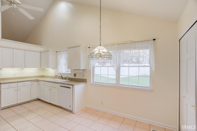 kitchen featuring white cabinetry, sink, hanging light fixtures, high vaulted ceiling, and white dishwasher