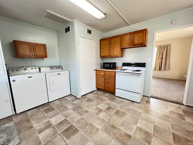 kitchen with white range with electric cooktop, ornamental molding, light colored carpet, and independent washer and dryer