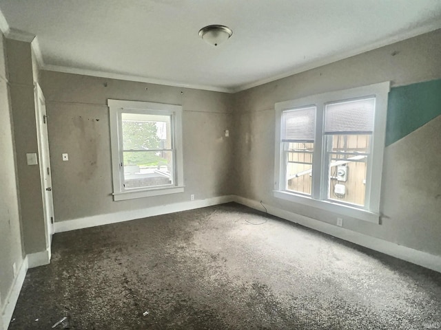 carpeted spare room with crown molding