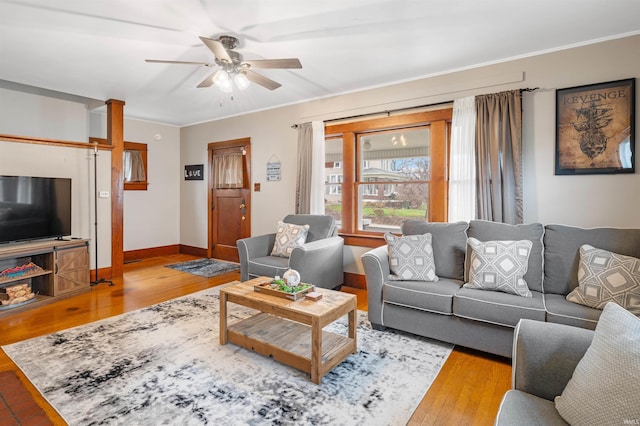 living room featuring ceiling fan, ornamental molding, and light hardwood / wood-style flooring