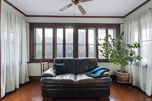 living room with a wealth of natural light, crown molding, ceiling fan, and dark hardwood / wood-style floors