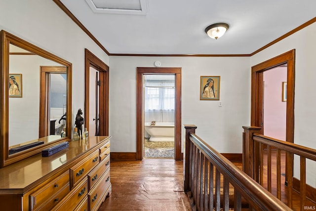 hallway featuring dark hardwood / wood-style flooring and ornamental molding