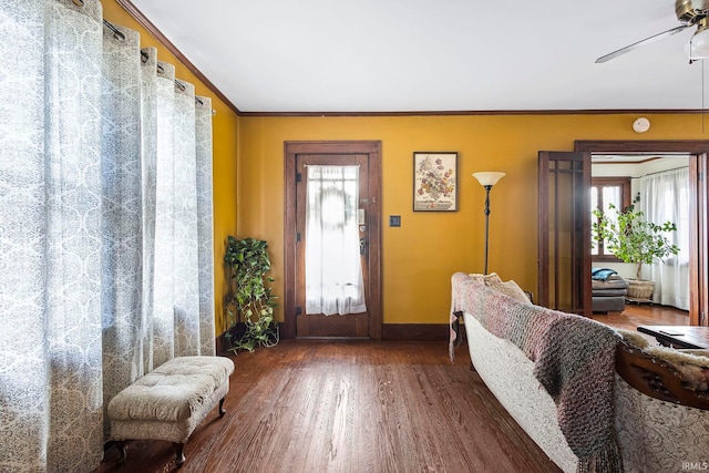 foyer entrance featuring crown molding, ceiling fan, and dark wood-type flooring