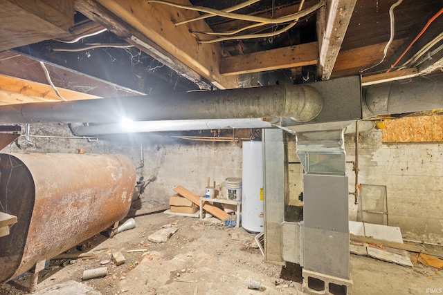 basement featuring heating unit and water heater