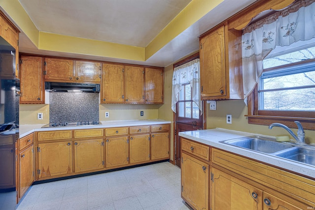 kitchen featuring gas stovetop, sink, and a tray ceiling