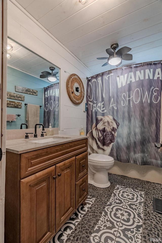 bathroom featuring tile patterned floors, wood ceiling, vanity, toilet, and wood walls