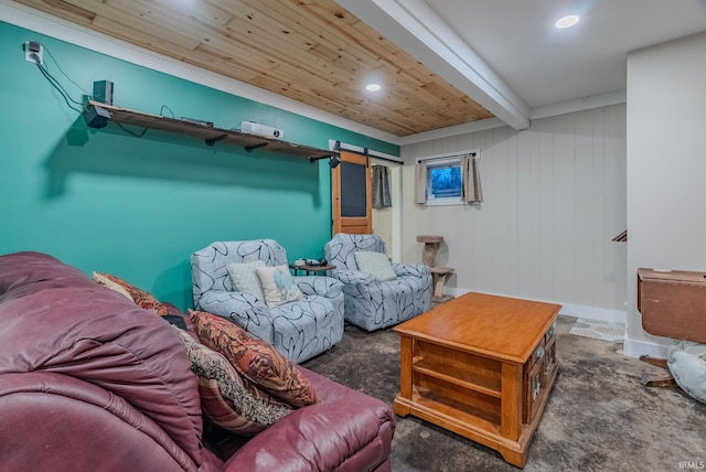 interior space featuring dark colored carpet, a barn door, wooden ceiling, and beam ceiling